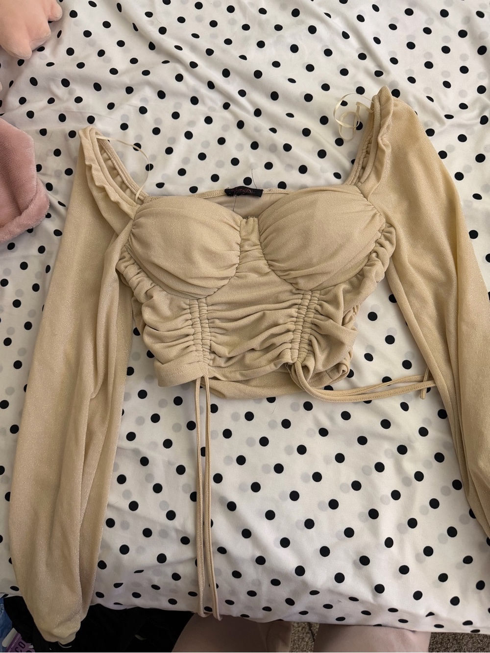 Ruched Beige Long-Sleeve Crop Top with Sweetheart Bust
